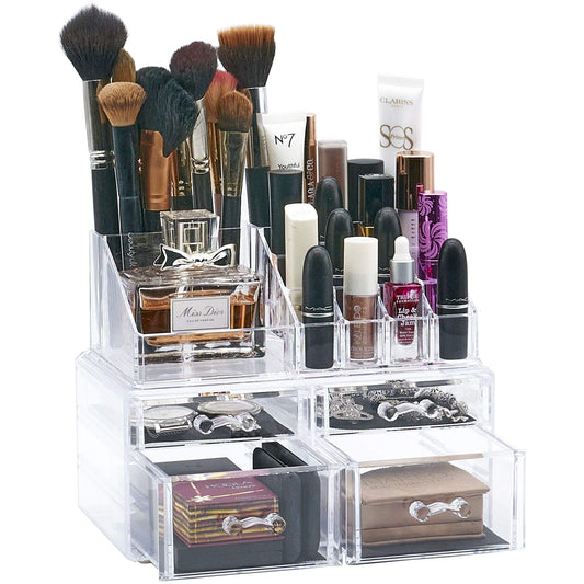 Masters & Burrell Clear Acrylic Makeup Organiser Storage Stand Display Table for Cosmetics Set Holder Perfume Display Stand Box, Lipstick Storage with 4 Drawers, Bedroom, Bathroom, Dresser