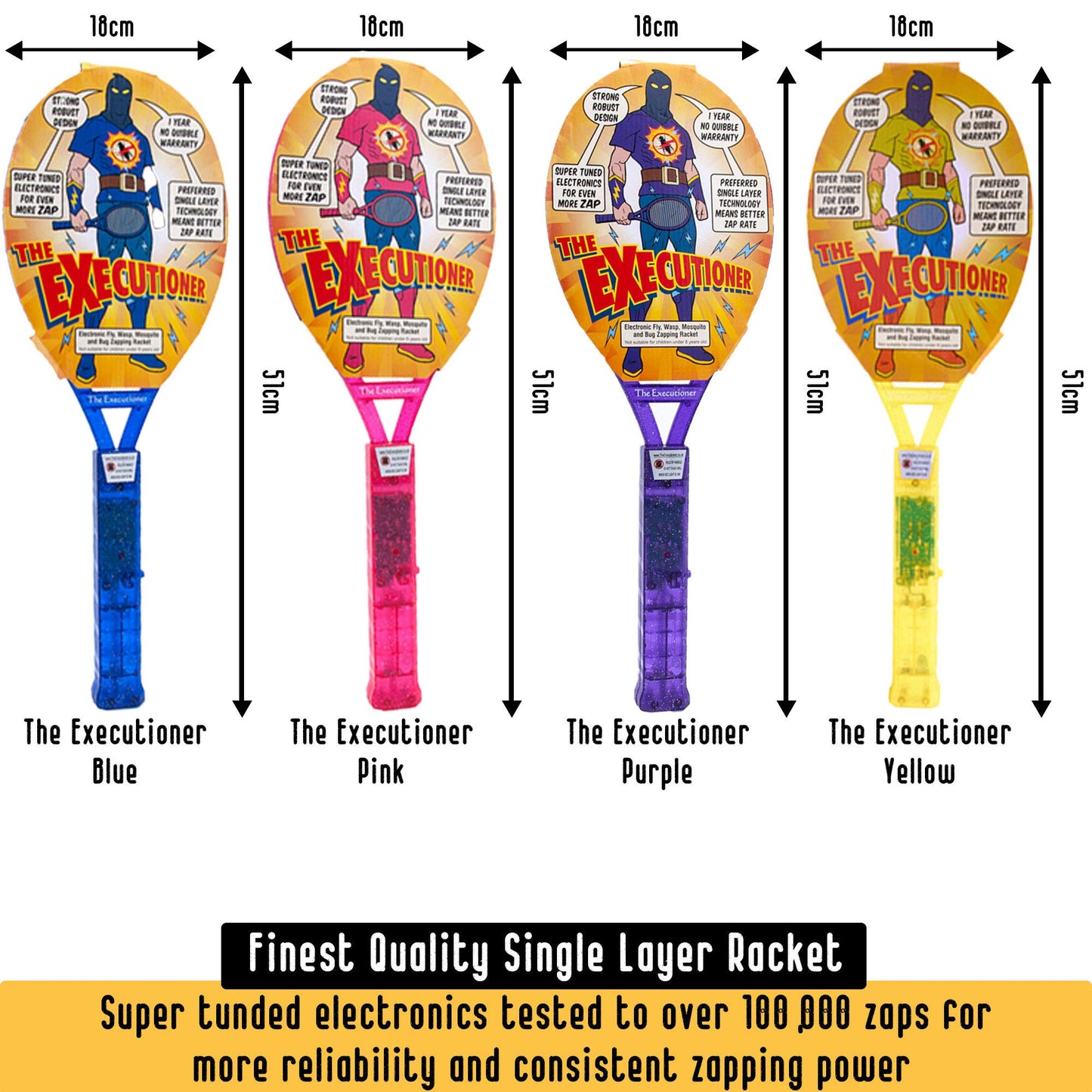 The Executioner Coloured Mosquito, Fly, Wasp, Bug, Insect Swatter/Killer and Bug Zapper Racket Single Layer for Most Efficient Zapping Indoor Outdoor Long Handle (4 Pack)