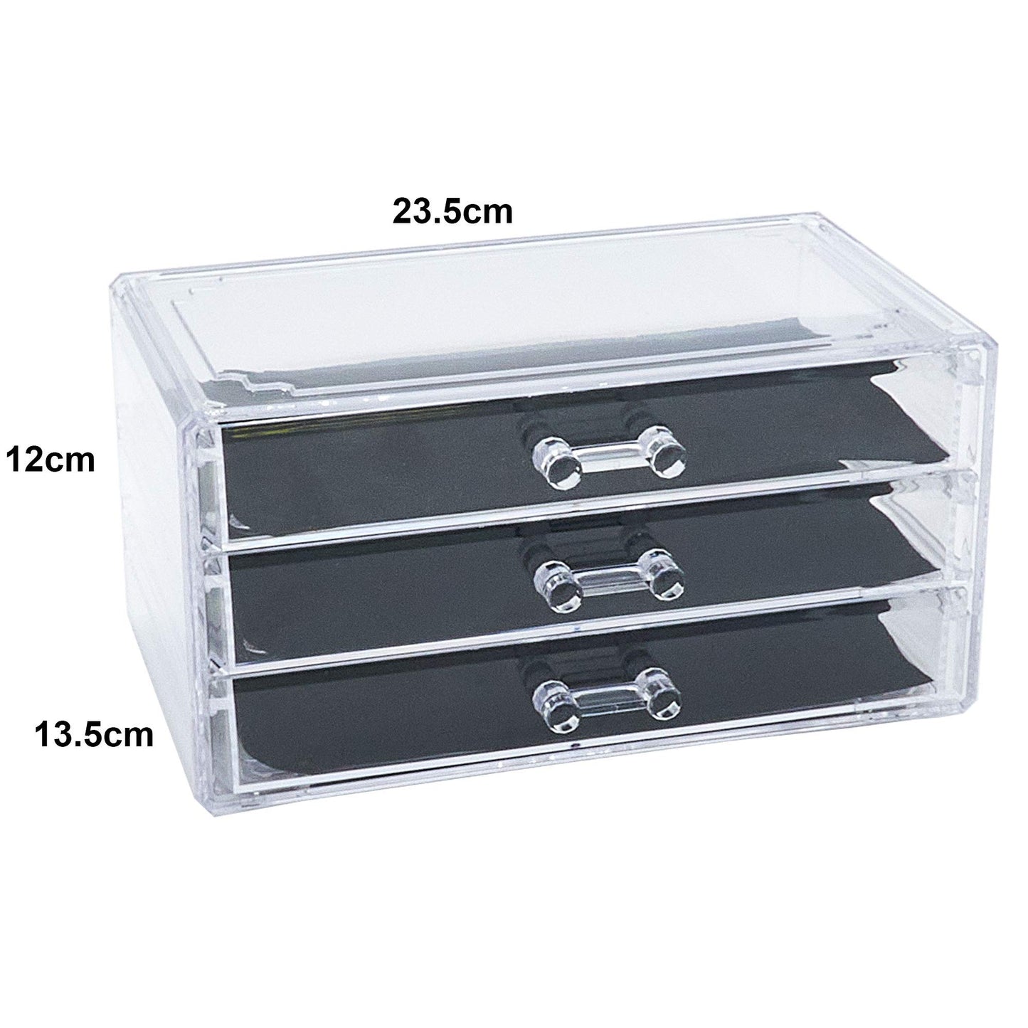 Masters & Burrell Makeup Organiser Storage Clear Acrylic with 3 Large Drawers for Cosmetics Sets Display Stand Box, with Protective Covers, Bedroom, Bathroom, Dresser