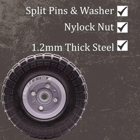 S4U 10” Sack Barrow Hand Truck Tyre Solid Rubber Wheel 3.5-4 PU Heavy Duty Puncture Proof Trolley Cart Wheelbarrow Replacement 16mm Bearing Nylon locking nuts