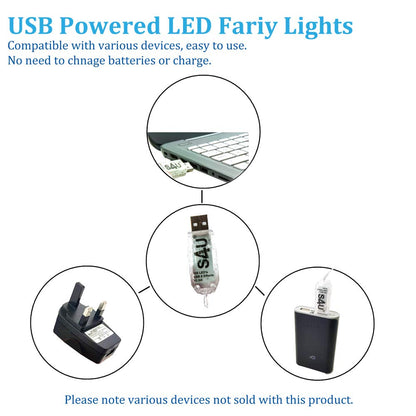 100 LED Fairy Lights 10.5M Now with 105 LEDs 8 Function USB Power Supply Copper & Black Wire S4U