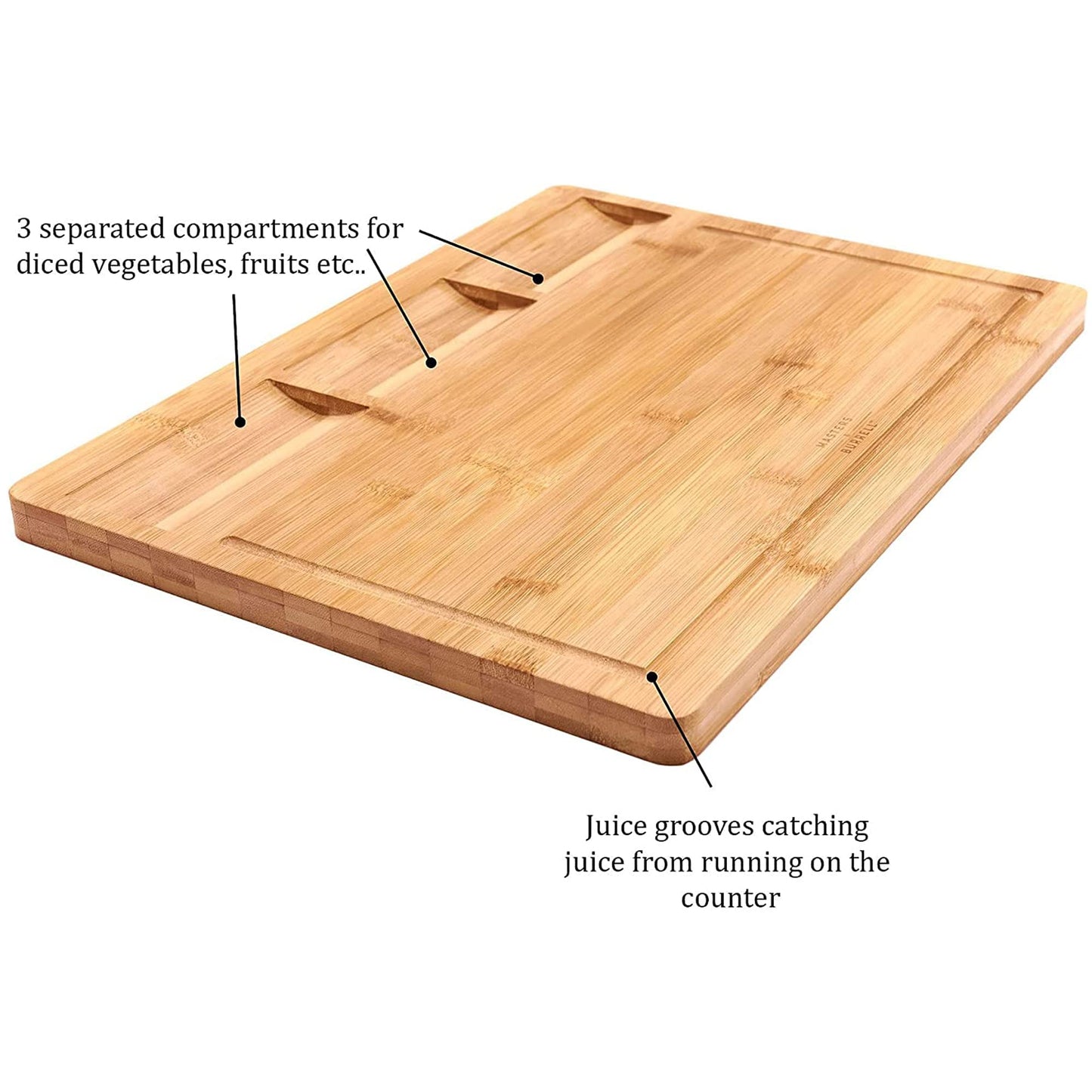 Masters & Burrell Premium Bamboo Cutting Board Large 43 x 32.5 x 2 cm Organic Wooden Chopping Board for Bread Fruits Vegetables Chopping Boards for Kitchens Built-in 3 Compartments Double Sided