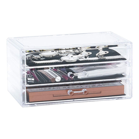 Masters & Burrell Makeup Organiser Storage Clear Acrylic with 3 Large Drawers for Cosmetics Sets Display Stand Box, with Protective Covers, Bedroom, Bathroom, Dresser