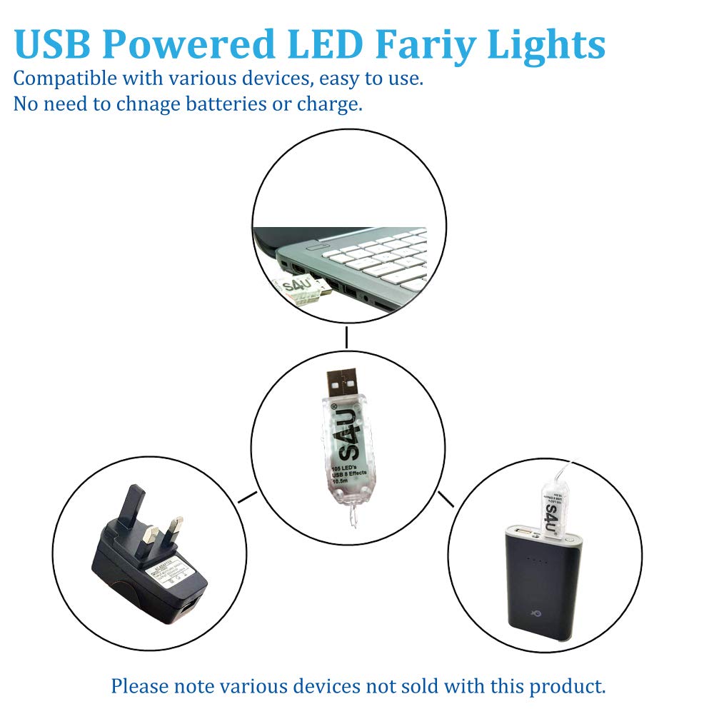 100 LED Fairy Lights 10.5M Now with 105 LEDs 8 Function USB Power Supply Copper & Black Wire S4U