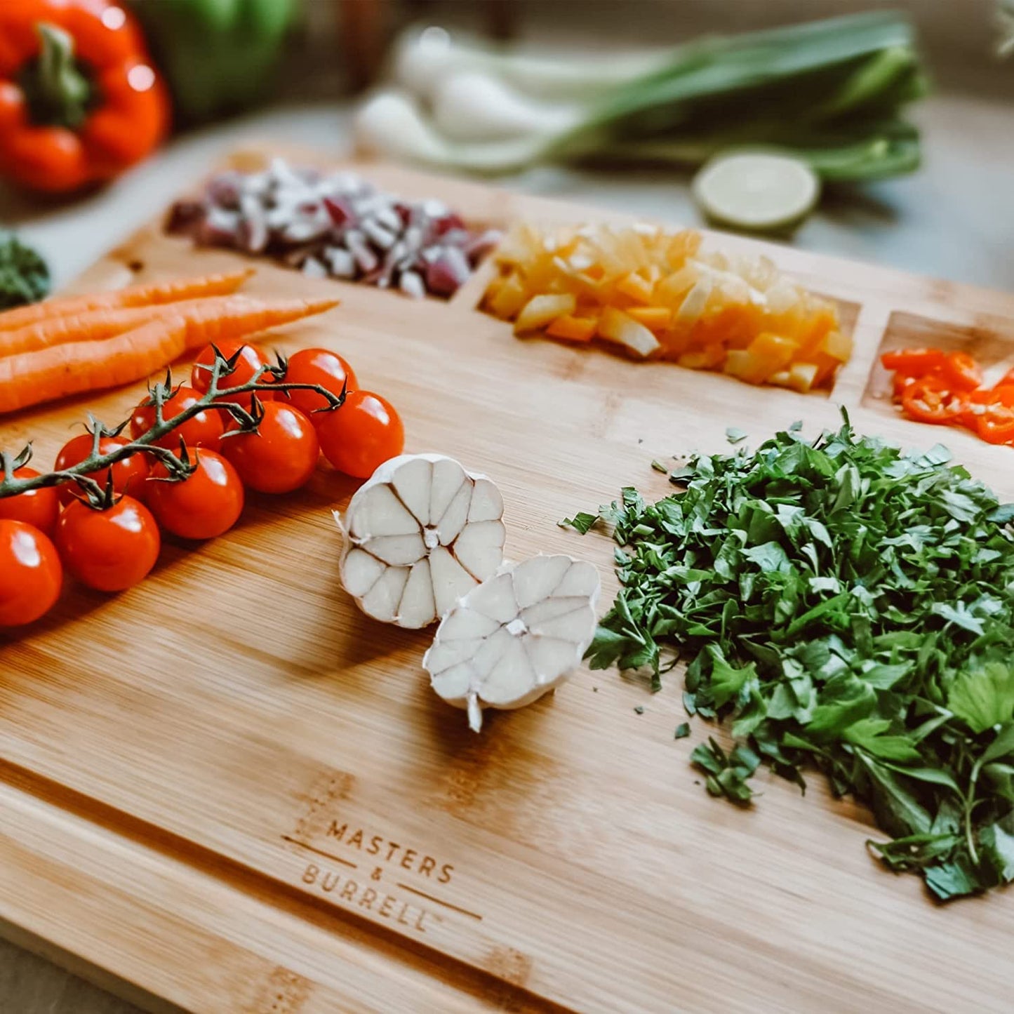 Masters & Burrell Premium Bamboo Cutting Board Large 43 x 32.5 x 2 cm Organic Wooden Chopping Board for Bread Fruits Vegetables Chopping Boards for Kitchens Built-in 3 Compartments Double Sided