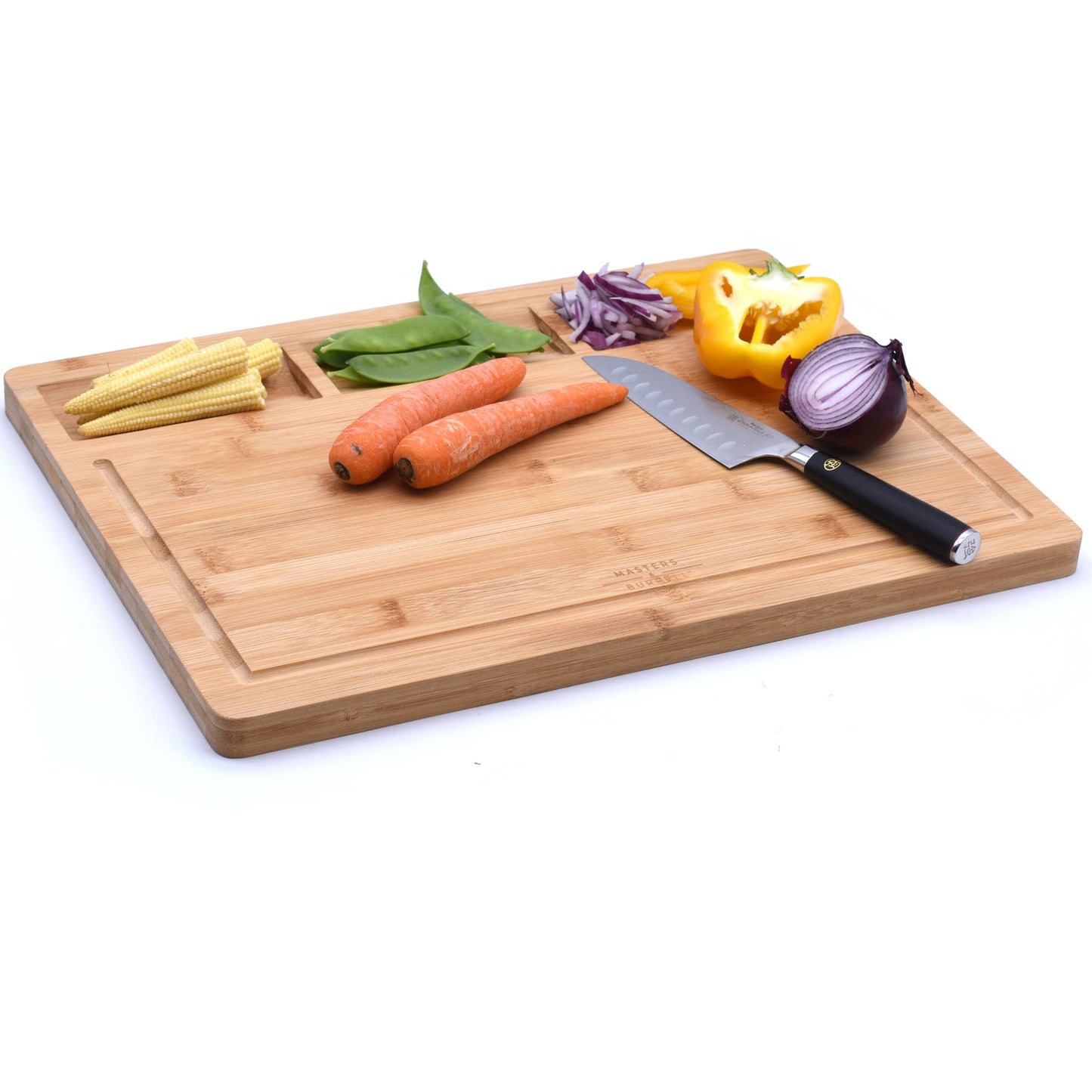 Masters & Burrell Premium Bamboo Cutting Board Large 43 x 32.5 x 2 cm Organic Wooden Chopping Board for Bread Fruits Vegetables Chopping Boards for Kitchens Built-in 3 Compartments Double Sided