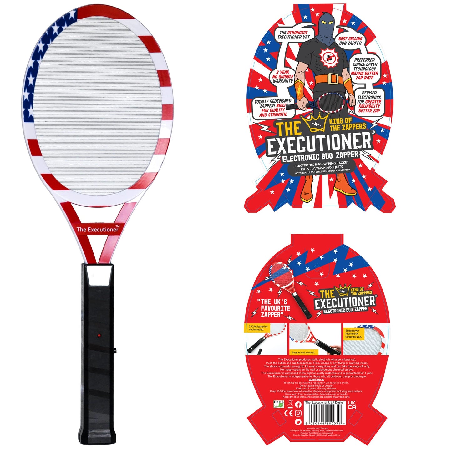 The Executioner USA Flag Electric Fly Swatter Bug Zapper Racket Fly Wasp Mosquito Insect Killer Single Layer Pest Control for Indoor and Outdoor