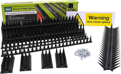 Fence Wall Spikes Garden Tall Bird Spikes Cat Pigeon Deterrent Coverage of Approx.16M Per Box Anti Climb 44 x 4.3 x 3.8cm Warning Sign Included & Screws