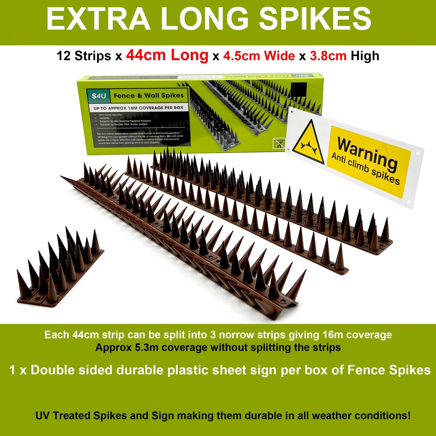 Fence Wall Spikes Garden Tall Bird Spikes Cat Pigeon Deterrent Coverage of Approx.16M Per Box Anti Climb 44 x 4.3 x 3.8cm Warning Sign Included & Screws