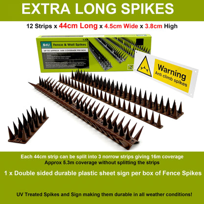Fence Wall Spikes Garden Tall Bird Spikes Cat Pigeon Deterrent Coverage of Approx.16M Per Box Anti Climb 44 x 4.3 x 3.8cm Warning Sign Included & Screws
