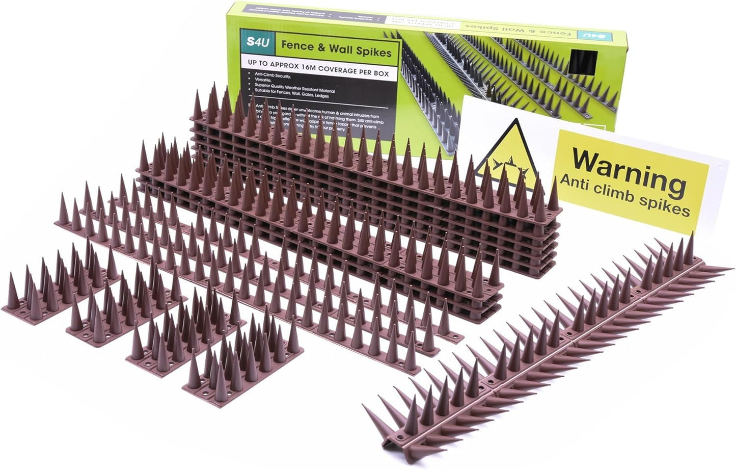 Fence Wall Spikes Garden Tall Bird Spikes Cat Pigeon Deterrent Coverage of Approx.16M Per Box Anti Climb 44 x 4.3 x 3.8cm Warning Sign Included & Screws