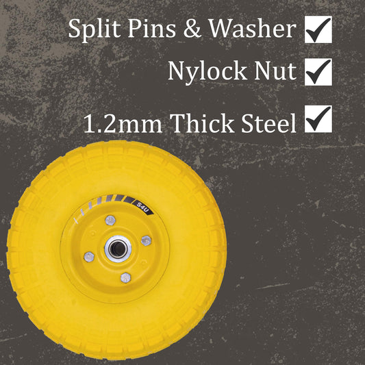 S4U 2x10” Sack Barrow Wheels Hand Truck Trolley Wheels Cart Solid Wheelbarrow Wheel 3.5-4 PU Heavy Duty Puncture Proof Trolley Wheels 16mm Bearing Wheel Nylon locking nuts