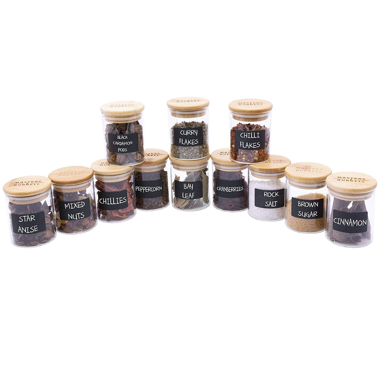 150ml Glass Storage Jars with Bamboo Lids 12pcs Airtight Kitchen Containers for Storage Canister for Spices Clear Preserving Seal Containers Masters & Burrell