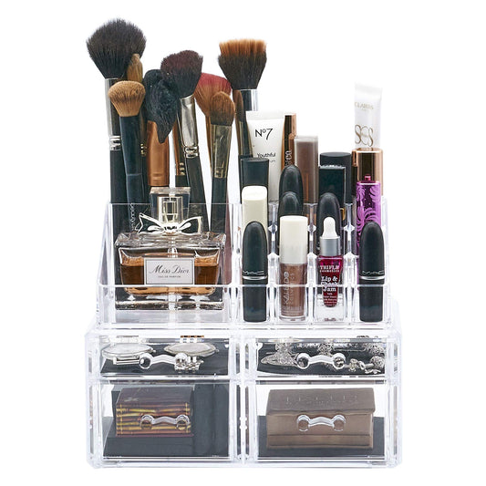 Masters & Burrell Clear Acrylic Makeup Organiser Storage Stand Display Table for Cosmetics Set Holder Perfume Display Stand Box, Lipstick Storage with 4 Drawers, Bedroom, Bathroom, Dresser