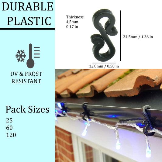 S4U Gutter Hooks for Outdoor Lights 120pcs Plastic S Gutter Clips for Hanging Outside Christmas Lights, String Lights, Icicle Fairy Lights - Black