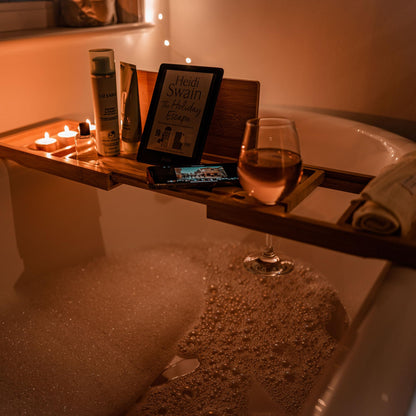 Luxury Bamboo Bath Tray for Bathtubs – Adjustable Wooden Bath Board with Book Holder, Wine Glass Slot, Phone & Tablet Stand – Expandable Spa Bath Tray Organizer for Bathroom Relaxation