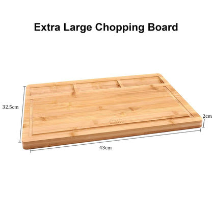 Masters & Burrell Premium Bamboo Cutting Board Large 43 x 32.5 x 2 cm Organic Wooden Chopping Board for Bread Fruits Vegetables Chopping Boards for Kitchens Built-in 3 Compartments Double Sided