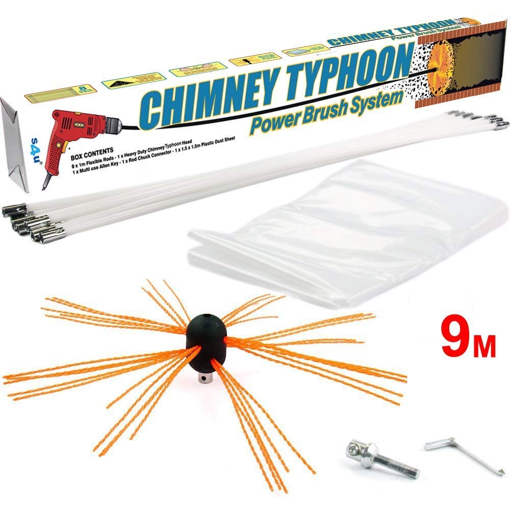 Chimney Typhoon Power Sweeping Set Flexible Nylon Rods & Brush Head Rotary Drill Drive Chimney Kit Flue Cleaner Removes Soot