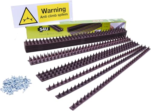 S4U Fence Wall Spikes Garden Security Guard Anti Climb Cat Bird Spikes Intruder Pest Deterrent 50 x 4.5 x 1.5cm Warning Sign & Screws Included