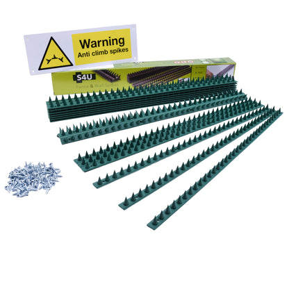S4U Fence Wall Spikes Garden Security Guard Anti Climb Cat Bird Spikes Intruder Pest Deterrent 50 x 4.5 x 1.5cm Warning Sign & Screws Included