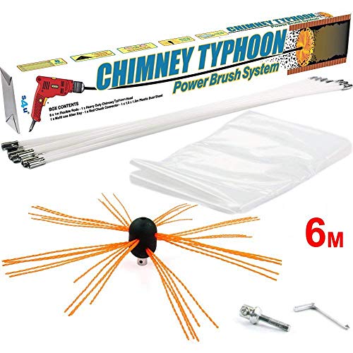 Chimney Typhoon Power Sweeping Set Flexible Nylon Rods & Brush Head Rotary Drill Drive Chimney Kit Flue Cleaner Removes Soot