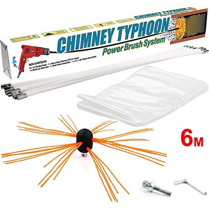 Chimney Typhoon Power Sweeping Set Flexible Nylon Rods & Brush Head Rotary Drill Drive Chimney Kit Flue Cleaner Removes Soot