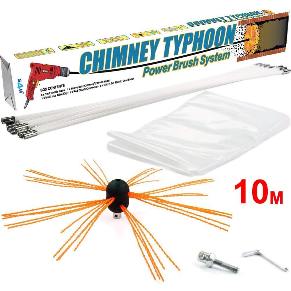 Chimney Typhoon Power Sweeping Set Flexible Nylon Rods & Brush Head Rotary Drill Drive Chimney Kit Flue Cleaner Removes Soot