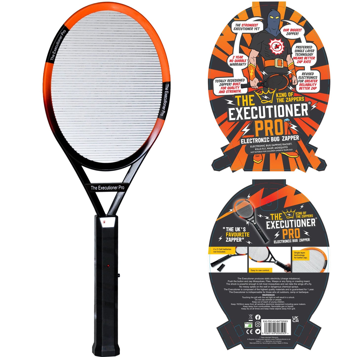 The Executioner Pro Electric Bug Zapper Fly Swatter Wasp, Mosquito, Bug, Insect Killer Single Layer Racket Efficient Zapping Indoor Outdoor Long Handle 56cm