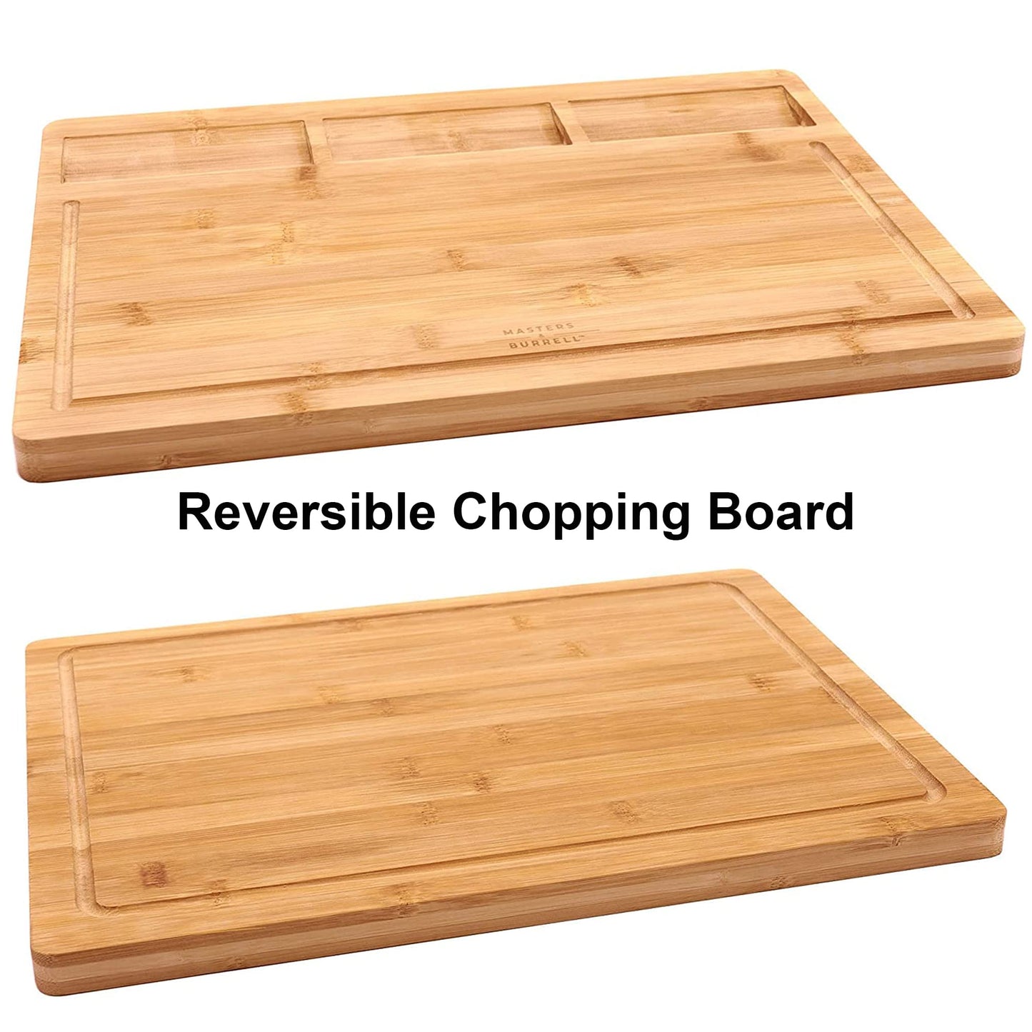 Masters & Burrell Premium Bamboo Cutting Board Large 43 x 32.5 x 2 cm Organic Wooden Chopping Board for Bread Fruits Vegetables Chopping Boards for Kitchens Built-in 3 Compartments Double Sided