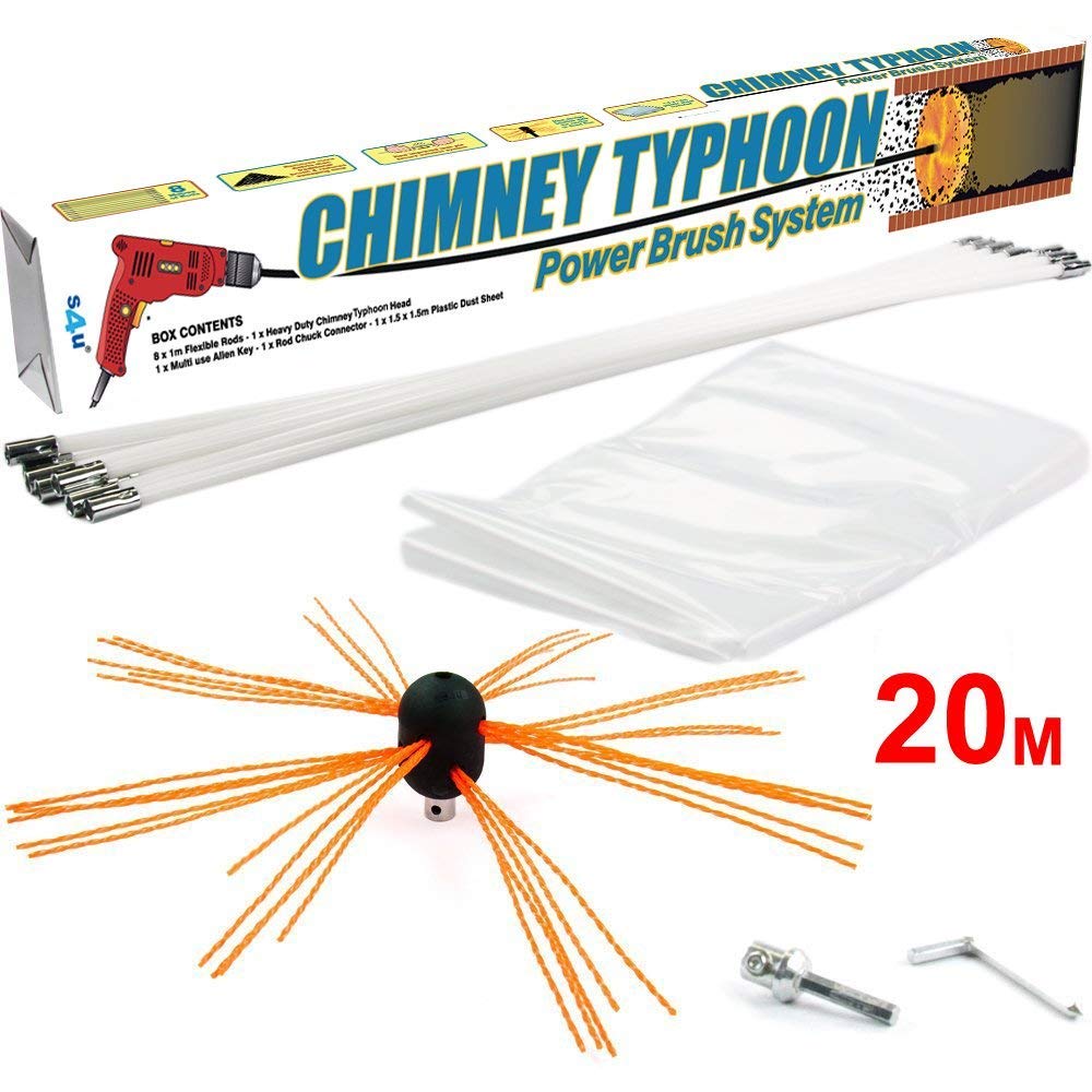 Chimney Typhoon Power Sweeping Set Flexible Nylon Rods & Brush Head Rotary Drill Drive Chimney Kit Flue Cleaner Removes Soot