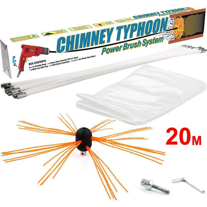 Chimney Typhoon Power Sweeping Set Flexible Nylon Rods & Brush Head Rotary Drill Drive Chimney Kit Flue Cleaner Removes Soot