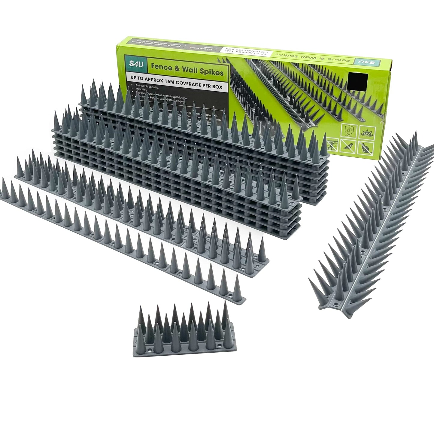Fence Wall Spikes Garden Tall Bird Spikes Cat Pigeon Deterrent Coverage of Approx.16M Per Box Anti Climb 44 x 4.3 x 3.8cm Warning Sign Included & Screws