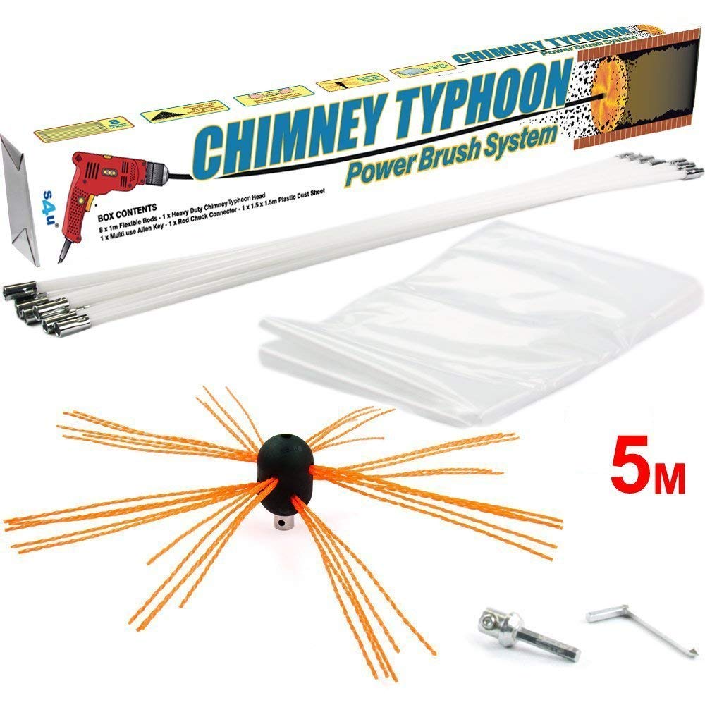 Chimney Typhoon Power Sweeping Set Flexible Nylon Rods & Brush Head Rotary Drill Drive Chimney Kit Flue Cleaner Removes Soot